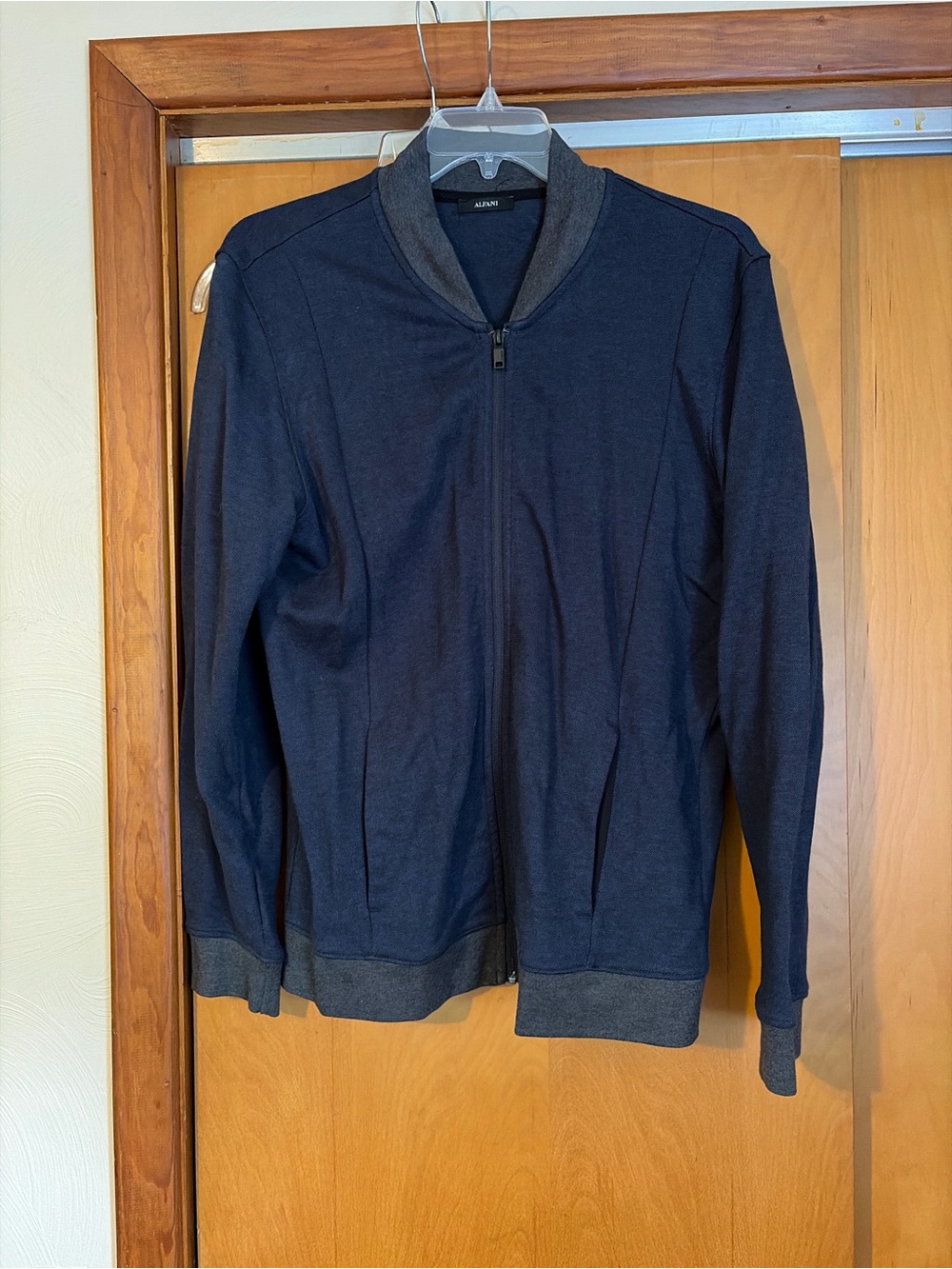 Alfani Men’s Navy Zip-Up Bomber Sweater with Charcoal Trim